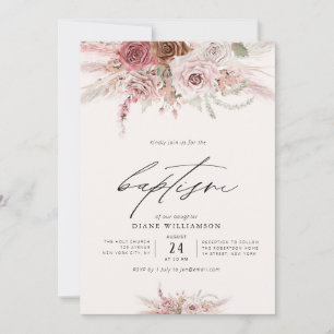 Invitation boho rose poussiéreux fleurs rose thème fille bapt