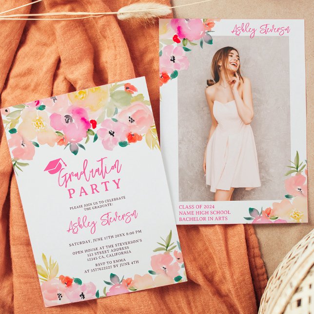Invitation Boho rose printemps chic jardin fleuri graduation (Spring pink boho chic garden floral graduation invitation)