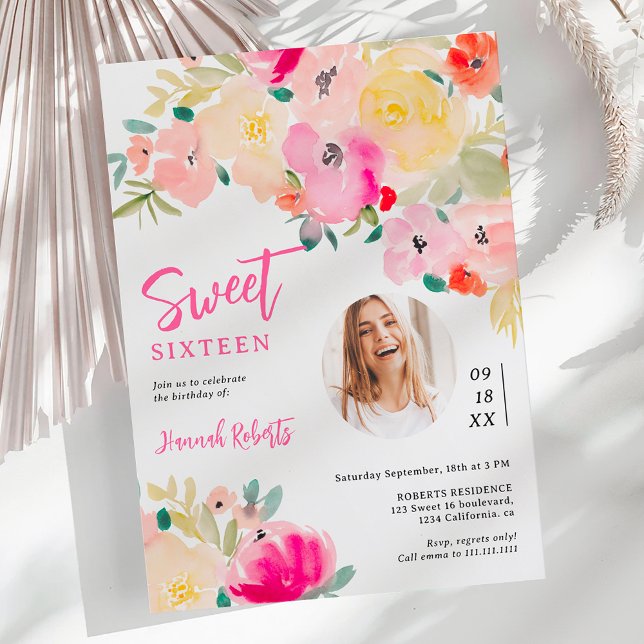 Invitation Boho rose printemps chic jardin floral photo douce (Spring pink boho chic garden floral photo sweet 16 invitation)