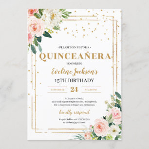 Invitation Boho rose rose floral or éclatante quinceanera