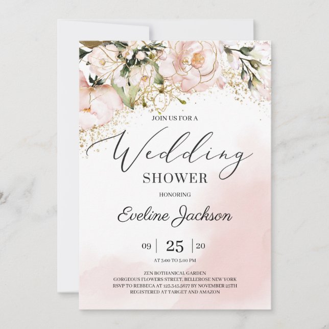 Invitation Boho rose rose floral or parties scintillant weddi (Devant)