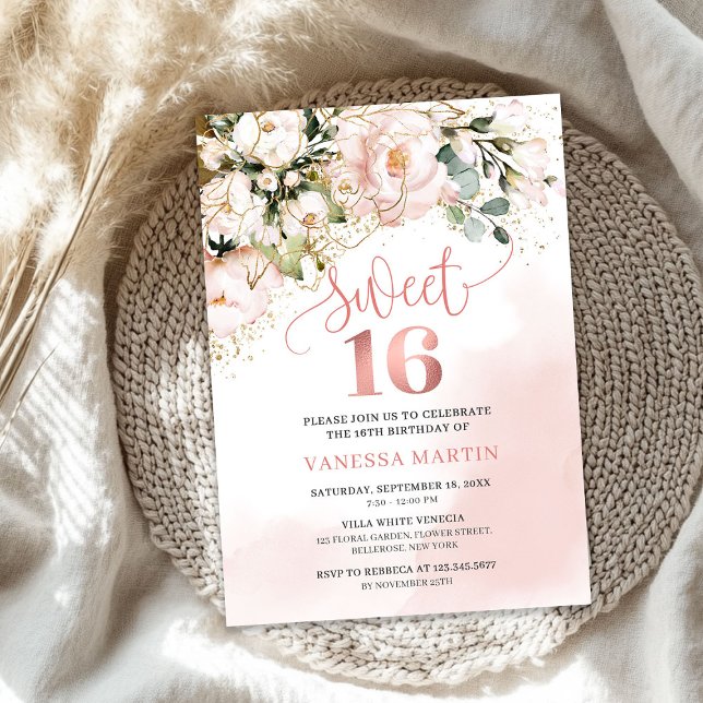 Invitation Boho rose rose rose or sweet sixteen (Boho blush pink floral rose gold sweet sixteen invitation)