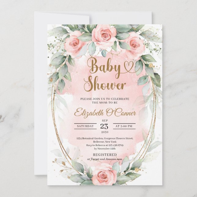 Invitation Boho rose rousse fleurs et or eucalyptus cadre (Devant)