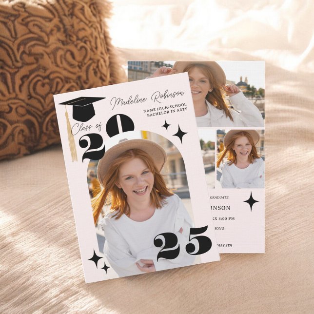 Invitation Boho Rose Stars Moderne 4-Photo Graduation (Boho Pink Stars Modern 4-Photo Graduation Invitation)