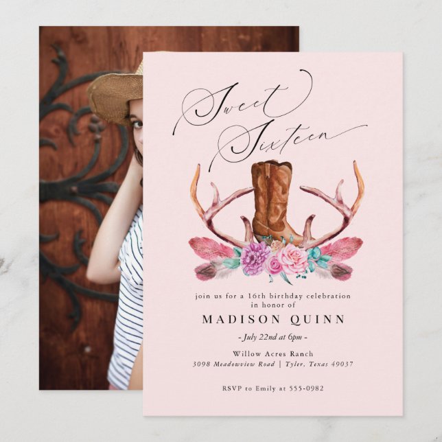 Invitation Boho rose Sweet sixteen de fille (Devant / Derrière)
