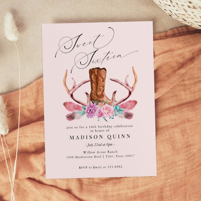 Invitation Boho rose Sweet sixteen de fille (Créateur téléchargé)
