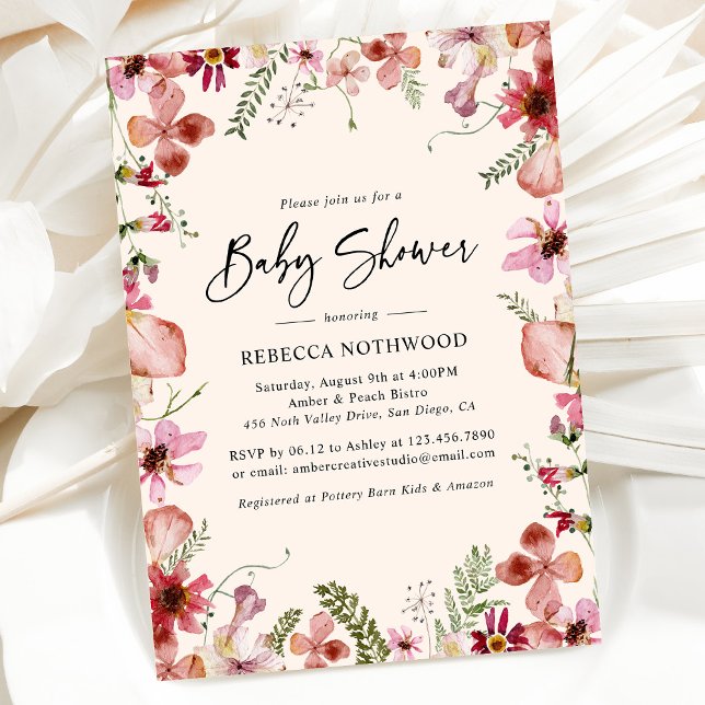 Invitation Boho rose vif Pressé Floral Baby Girl Douche (Créateur téléchargé)