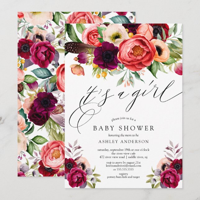 Invitation Boho rose violet Floral C'est un Baby shower de fi (Devant / Derrière)