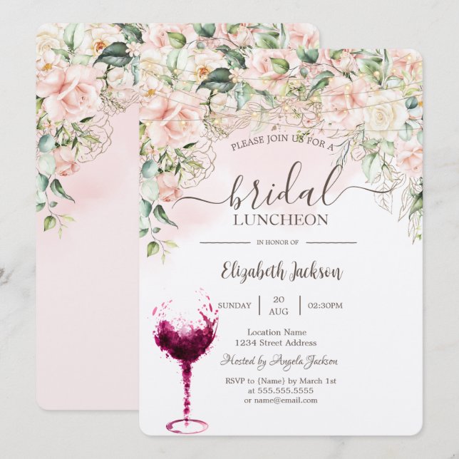 Invitation Boho Roses, Lundi de Nuptiale en Verre Vin (Devant / Derrière)