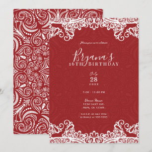 Invitation Boho Rouge & Blanc Dentelle Motif Audacieux Fête D