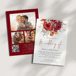 Invitation Boho rouge Florals 3 Photos QR Code Mariage