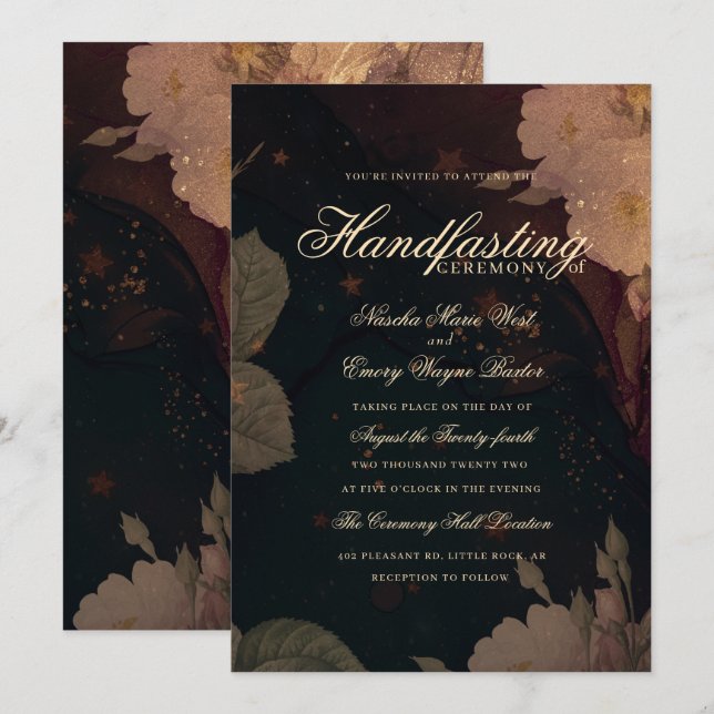 Invitation Boho rouge foncé Botanique gothique Floral Handfas (Devant / Derrière)