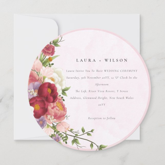 Invitation Boho Rouge rose blanc Rose Fleurs modernes (Devant)