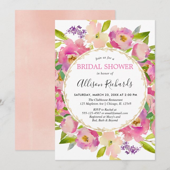 Invitation Boho rougissent douche nuptiale en pastel rose (Devant / Derrière)