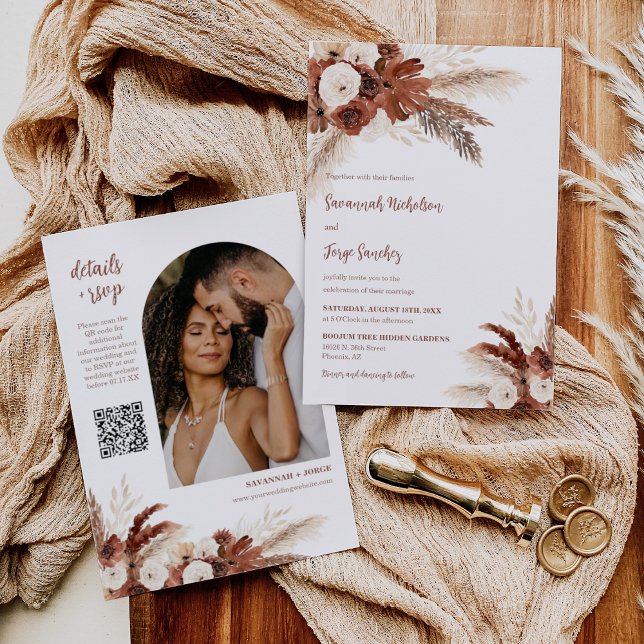 Invitation Boho rouille Pampas Arc en herbe Photo QR Code Mar (Créateur téléchargé)