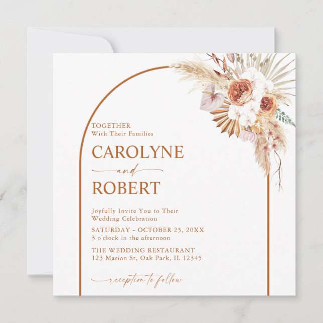 Invitation Boho rouille & Pampas Grass Terracotta Carré Maria (Devant)