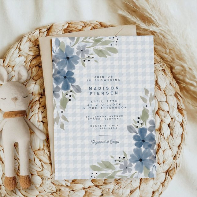 Invitation Boho Rustic Blue Floral Plaid Boy Baby shower (Créateur téléchargé)
