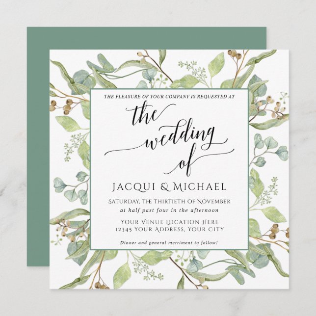 Invitation BOHO Rustic Eucalyptus Foliage Carré d'aquarelle (Devant / Derrière)