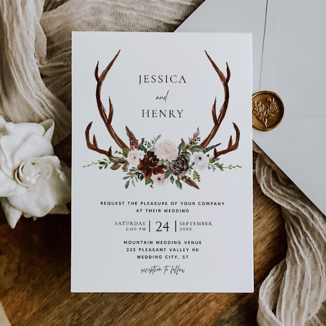 Invitation Boho Rustic Floral Antlers Mariage (Créateur téléchargé)