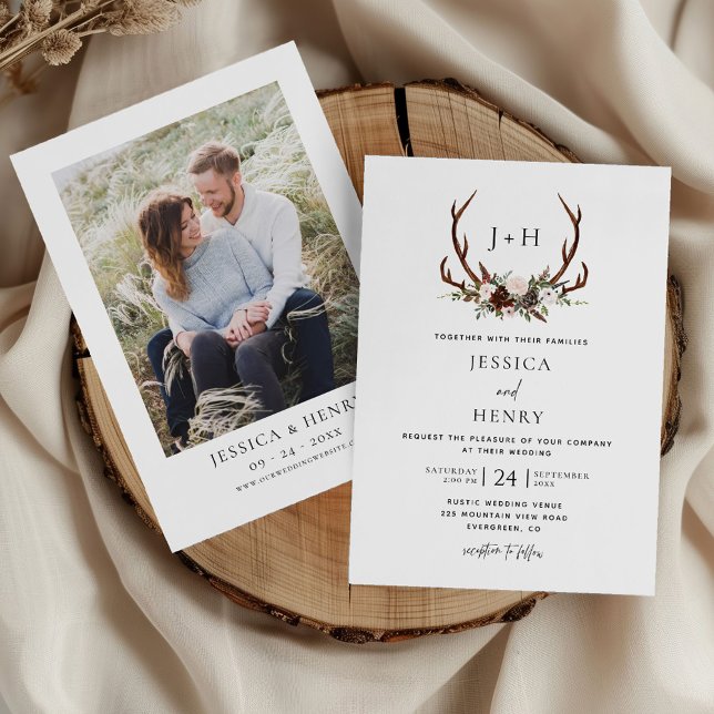 Invitation Boho Rustic Floral Antlers Mariage Photo (Créateur téléchargé)