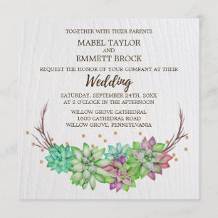 Invitation Boho Rustic Mint Floral Succulent Carré Mariage