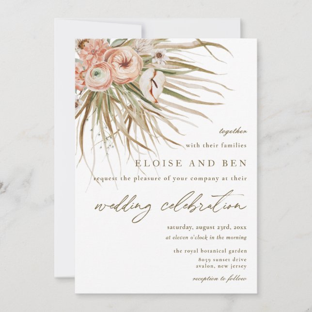 Invitation Boho Rustic Pampas Grass Peach Floral Mariage (Devant)