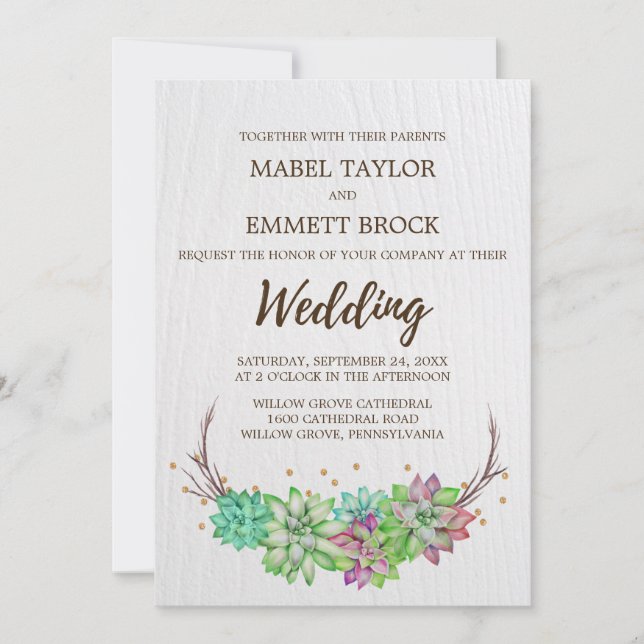 Invitation Boho Rustic rose et Mariage succulent à la menthe (Devant)
