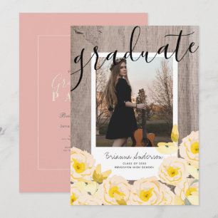 Invitation Boho Rustic Rose Floral Wood Photo Graduation