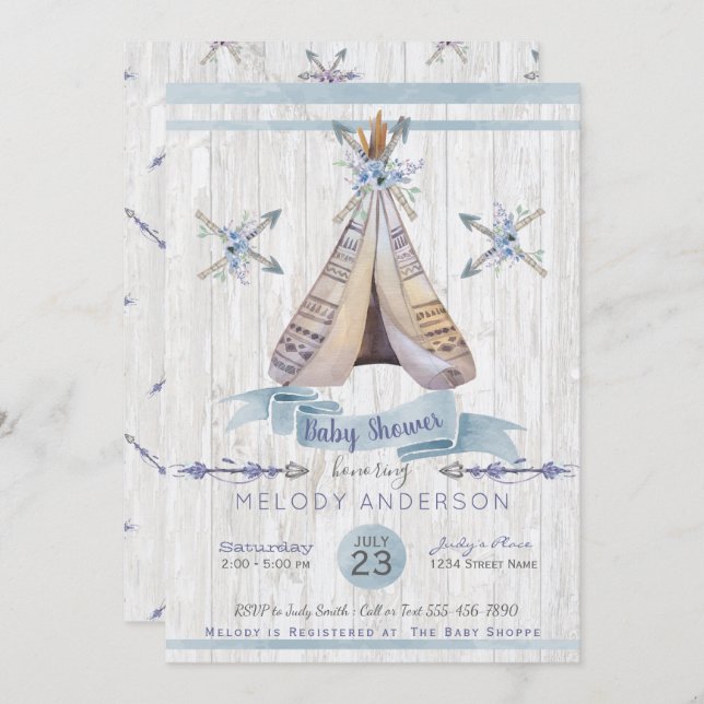 Invitation Boho Rustic Tipi & Flèches Blue Boy Baby shower (Devant / Derrière)