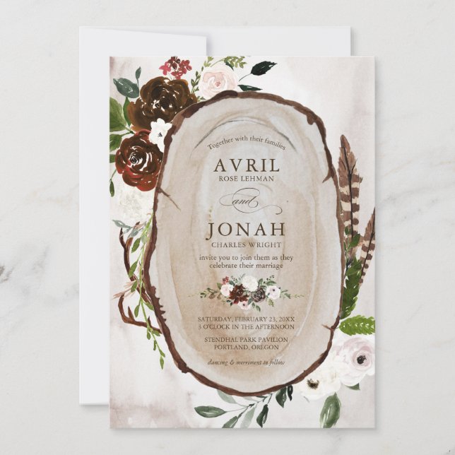 Invitation Boho Rustic Wood & Floral Bourgogne Mariage Rose (Devant)
