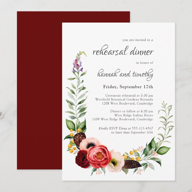 Invitation Boho Rustique Aquarelle Floral Dîner de répétition (Devant / Derrière)