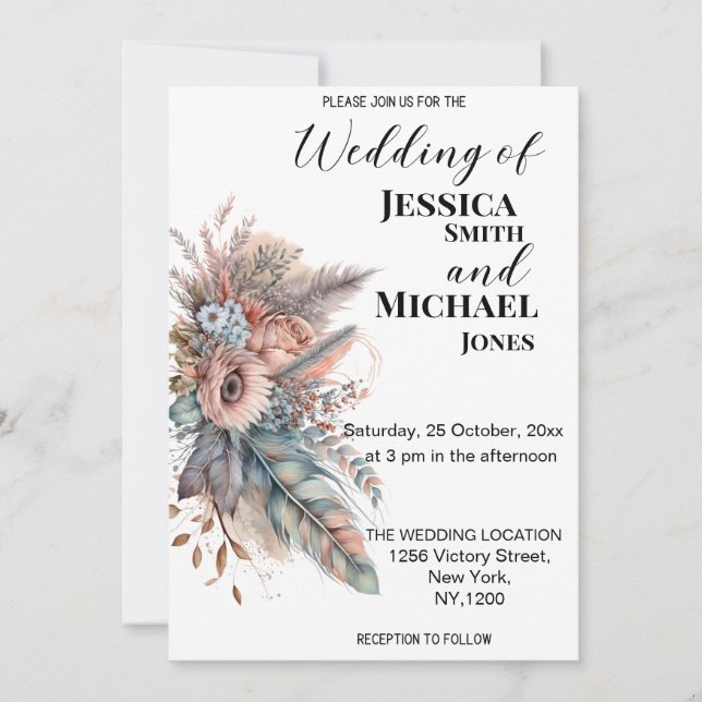 Invitation Boho rustique argent et Mariage floral rose (Devant)