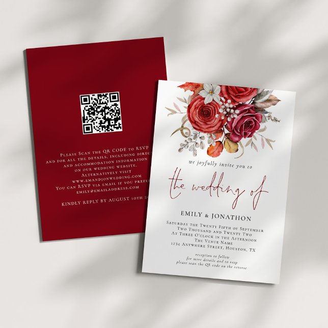 Invitation Boho Rustique Automne Florals QR Code Mariage (Front and back view)