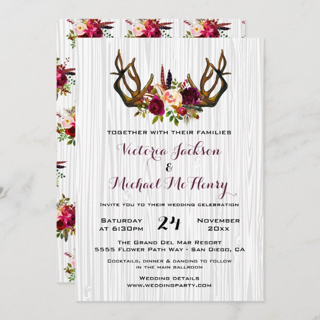 Invitation Boho rustique avec bois de cerf (Devant / Derrière)