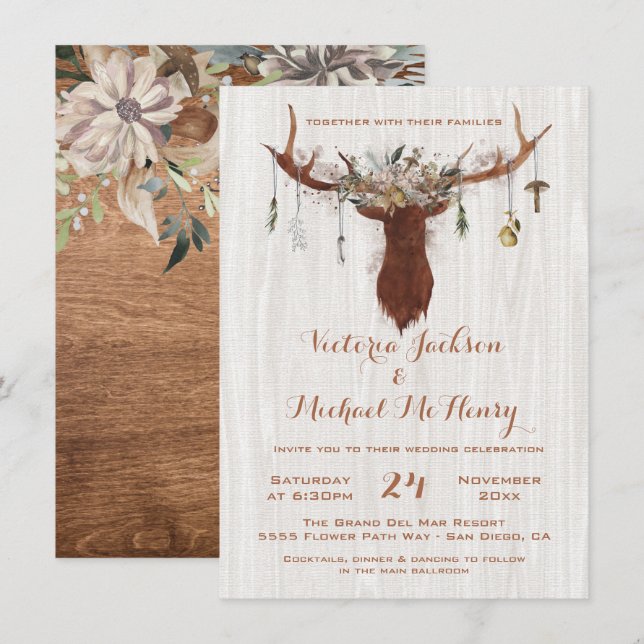 Invitation Boho rustique avec bois de cerf (Devant / Derrière)
