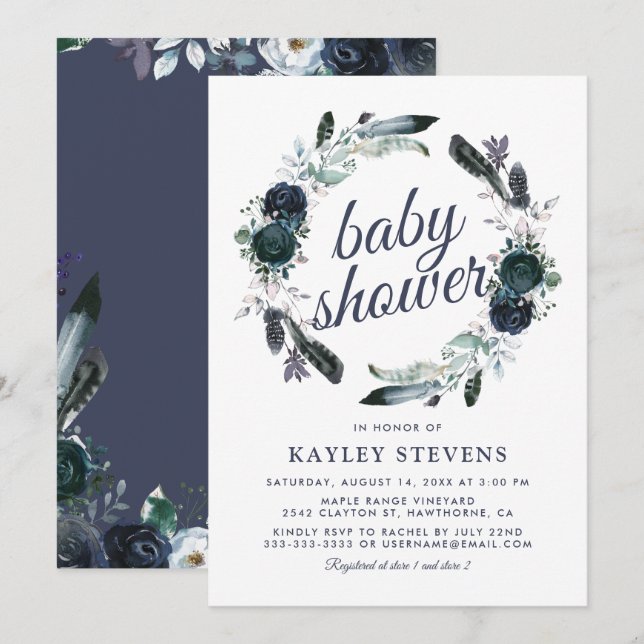 Invitation Boho Rustique Boy Blue Floral Baby shower (Devant / Derrière)