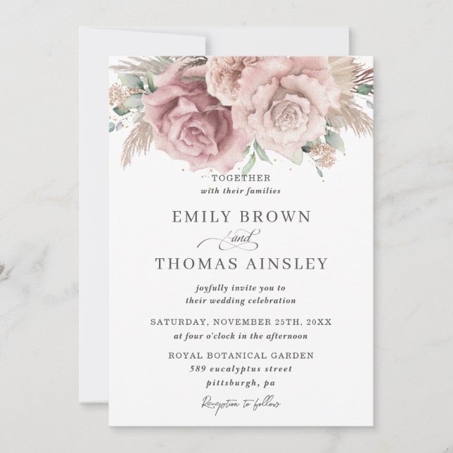 Invitation Boho Rustique Dusty Rose Blush Floral Pampas Maria (Devant)