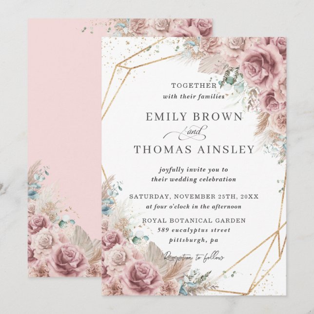 Invitation Boho Rustique Dusty Rose Blush Floral Pampas Maria (Devant / Derrière)