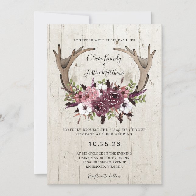 Invitation Boho Rustique Floral Antlers Mariage bois (Devant)
