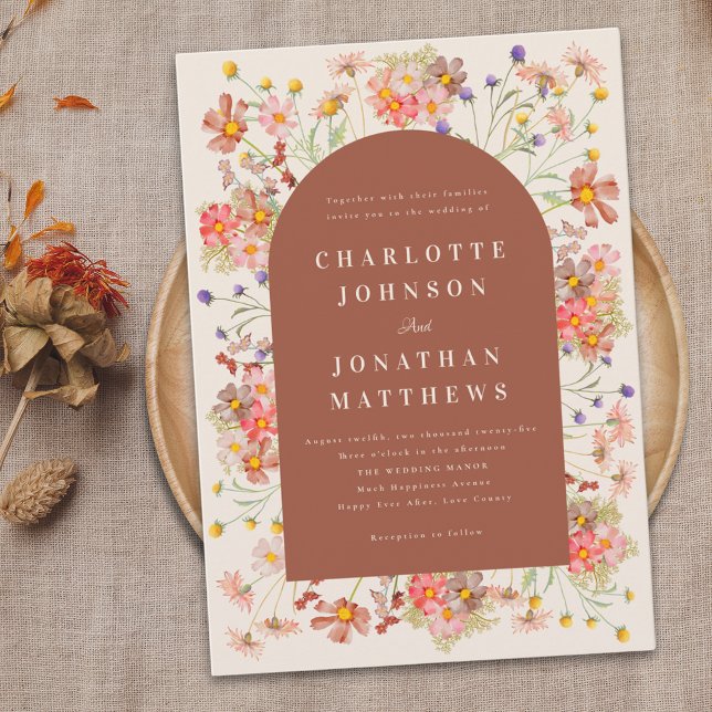 Invitation Boho Rustique Floral Brûlé Orange Mariage de autom (Boho rustic floral arch burnt orange terracotta fall wedding invitation elegant modern typography )