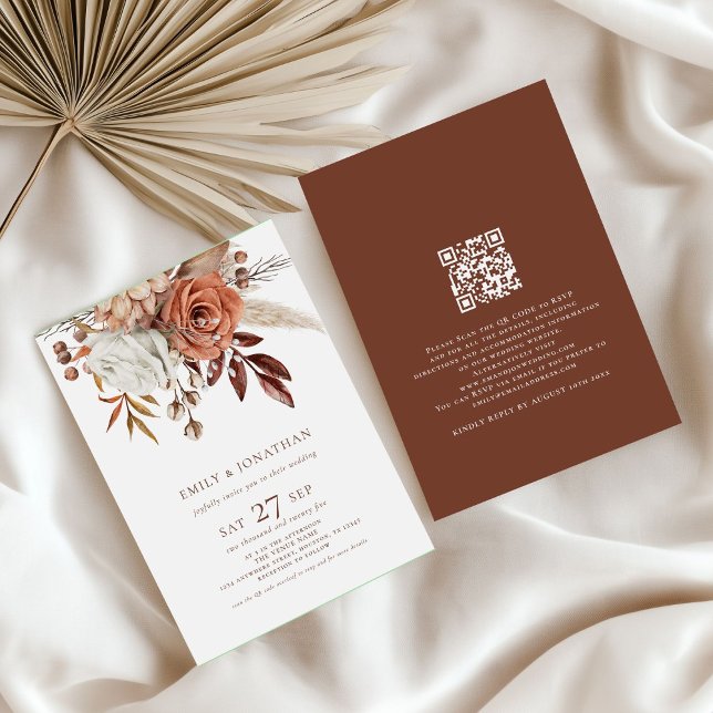 Invitation Boho Rustique Florals Texte Brown QR Code Mariage (front and back view)