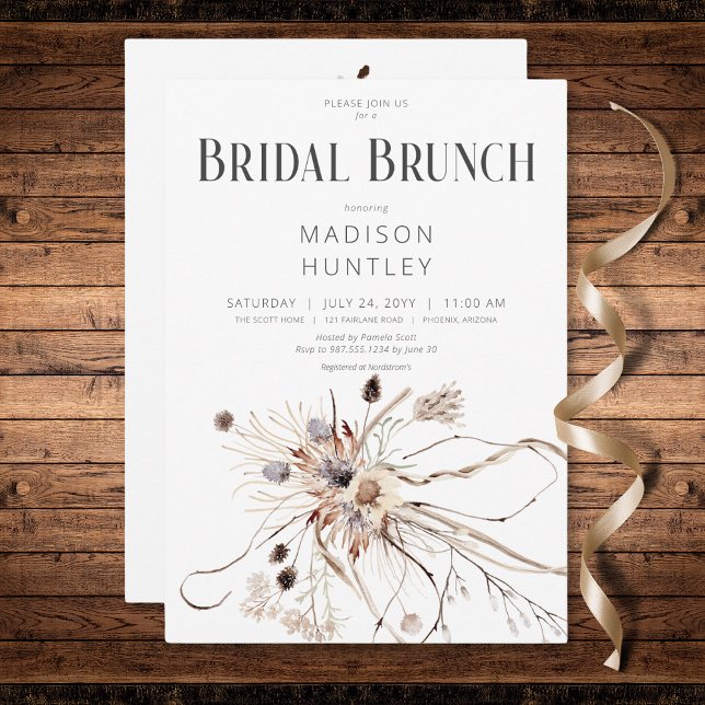 Invitation Boho Rustique Neutral Fleurs séchées Brunch nuptia (Rustic Boho Neutral Dried Flowers Bridal Brunch Invitation)