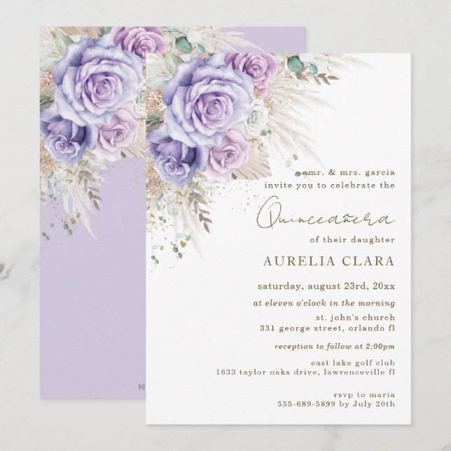 Invitation Boho Rustique Pampas Fleurs Violettes Quinceañera  (Devant / Derrière)