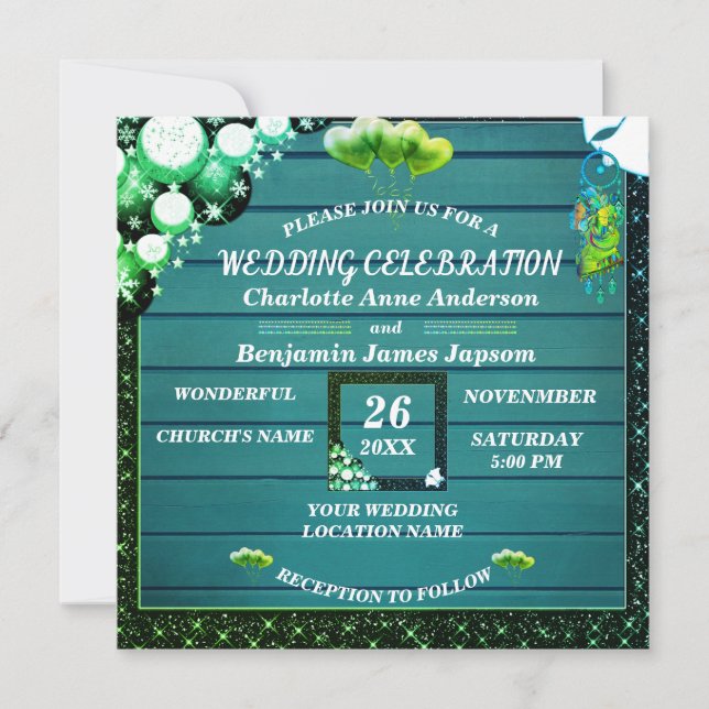 Invitation  Boho Rustique Parties scintillant verte Mariage e (Devant)