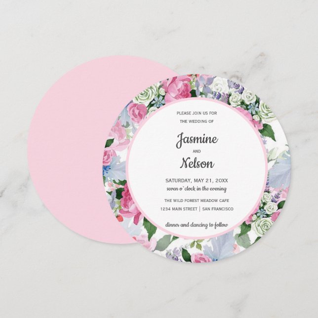 Invitation Boho Rustique rose blanc lilas bleu fleurs mariage (Devant / Derrière)