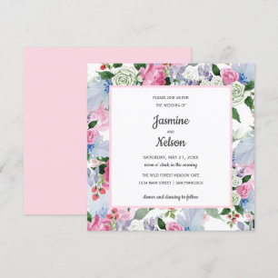 Invitation Boho Rustique rose blanc lilas bleu fleurs mariage