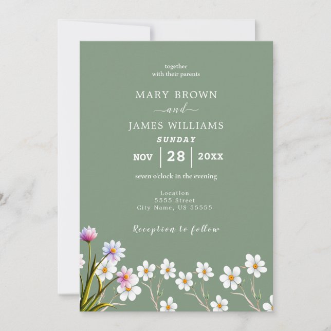 Invitation Boho Rustique Sage Floral Vert & Blanc Mariage (Devant)