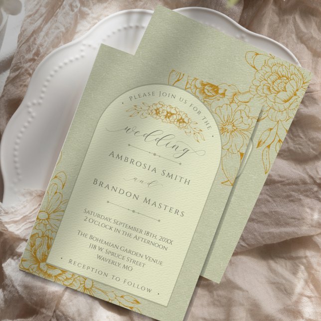 Invitation Boho Rustique Sage Vert Floral Arc Mariage (An elegant boho sage green wedding invitation with an arch and gold flower outlines)