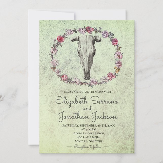Invitation Boho rustique Sud-Ouest Vache Crâne et Rose Floral (Devant)