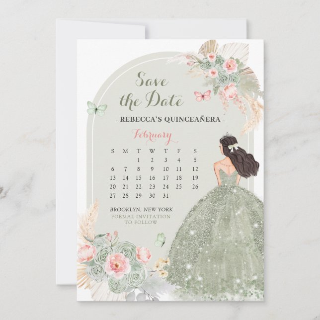 Invitation Boho Sage Green 15 Años Enregistrer La Date Calend (Devant)